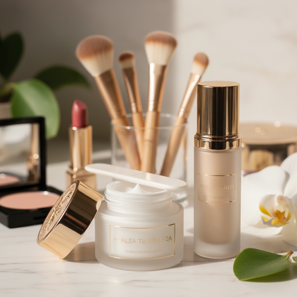 Productos de maquillaje y cuidado facial con detalles dorados dispuestos sobre una superficie blanca.